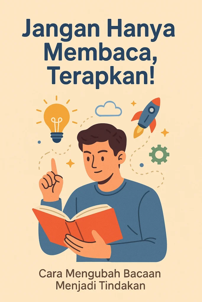 Ilustrasi pria membaca buku dengan ikon ide dan roket di sekelilingnya.