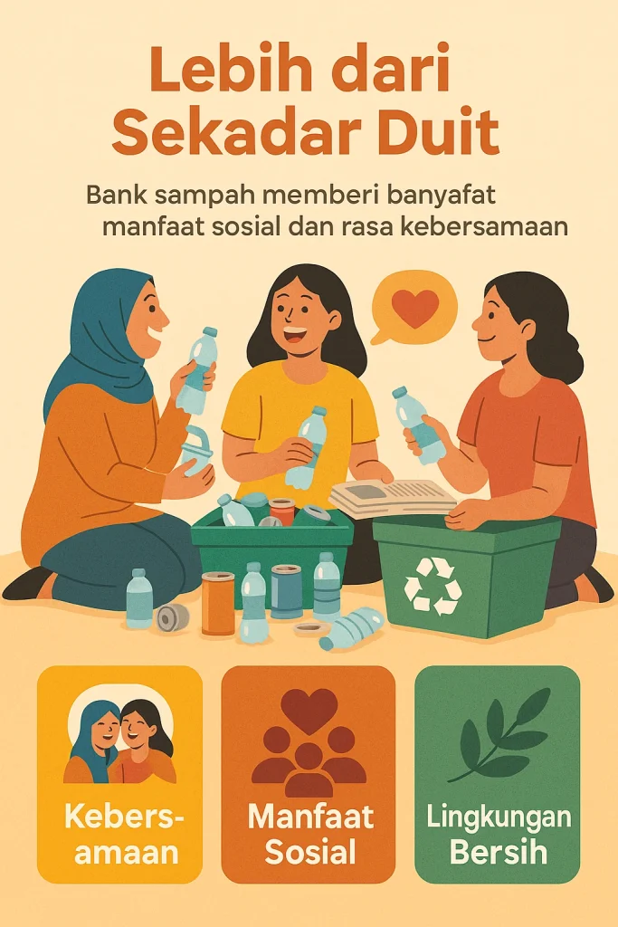 Lebih dari Sekadar Duit

Bagi sebagian orang, ikut bank sampah memang soal tambahan uang belanja. Tapi di sisi lain, ada kebanggaan tersendiri. Ada rasa lega karena sampah yang tadinya mencemari lingkungan, kini berubah menjadi sesuatu yang bermanfaat.

Selain itu, ada nilai kebersamaan yang muncul. Ibu-ibu yang sebelumnya jarang berinteraksi, kini rutin bertemu setiap minggu. Sambil memilah sampah, mereka ngobrol soal anak, masak, bahkan curhat soal masalah rumah tangga.

"buatkan gambar infografis "